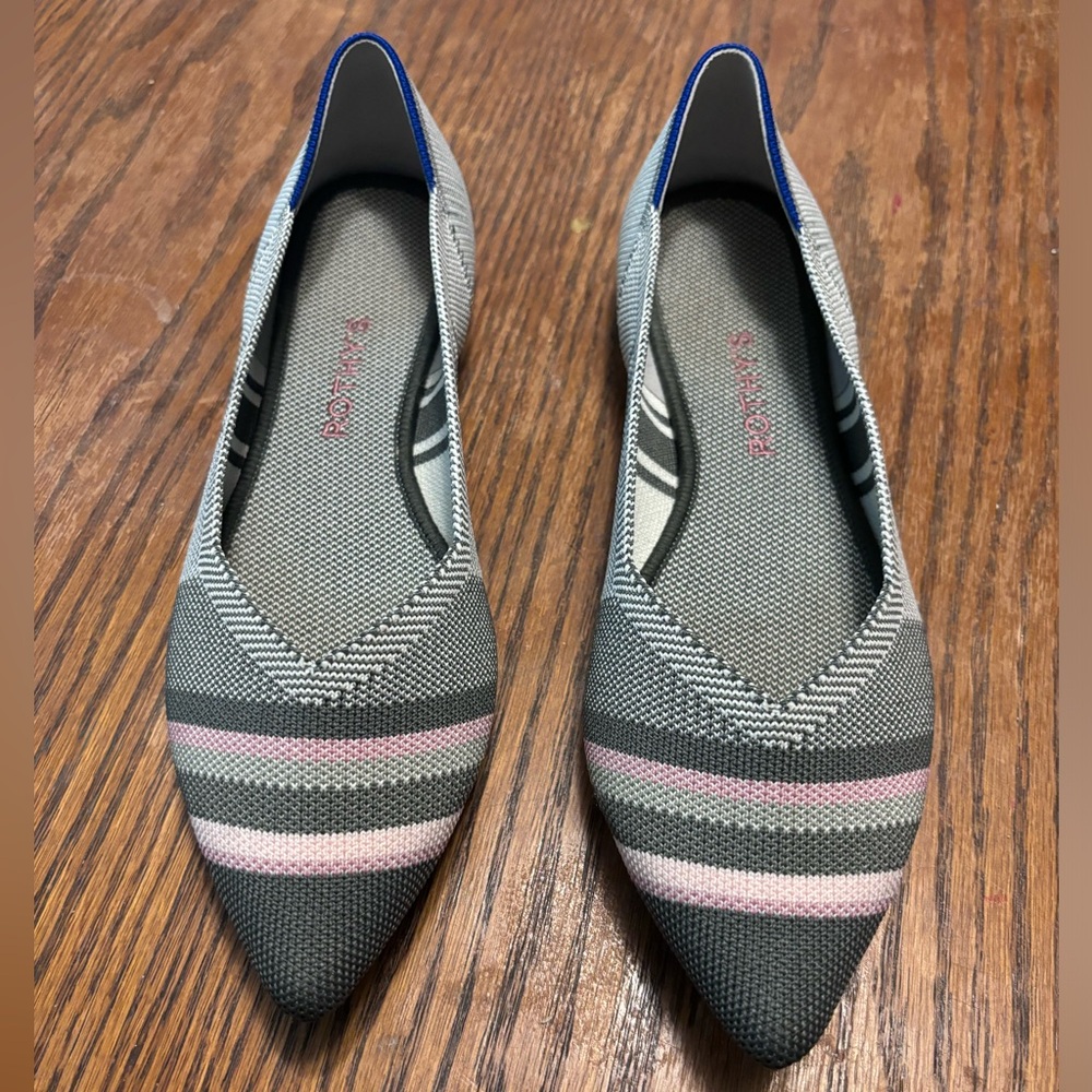 ROTHY'S Gray/Pink Stripe' The Point' Linen Flats 9.5